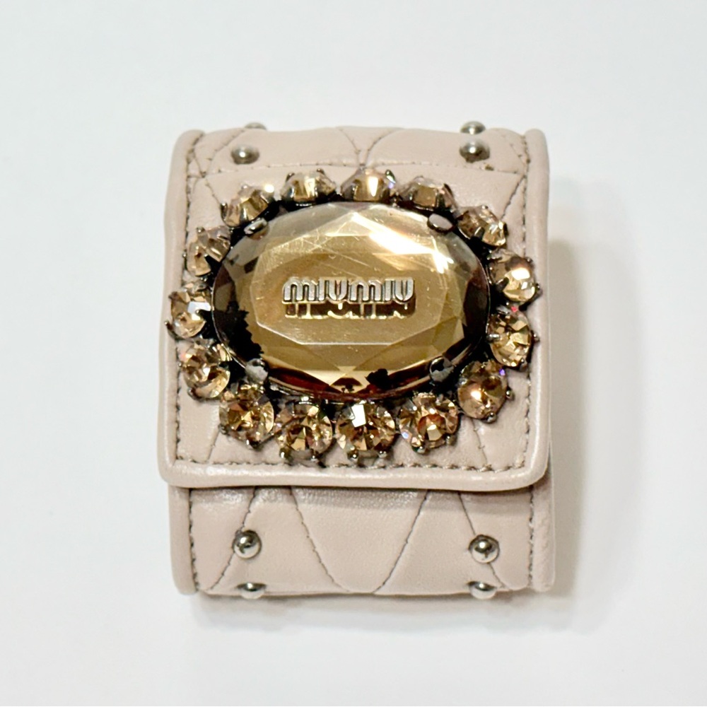 Miu Miu Quilted Leather Cuff with Gold Crystal Emblem